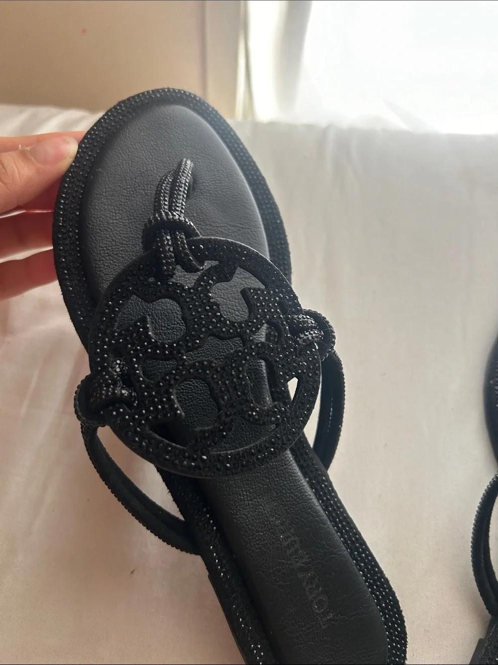 Tory Burch Black Logo Cutout Beaded Slide Sandals